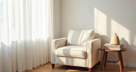 Cream linen chair at an angle with walnut table, ceramic vase, and throw on hardwood floor.