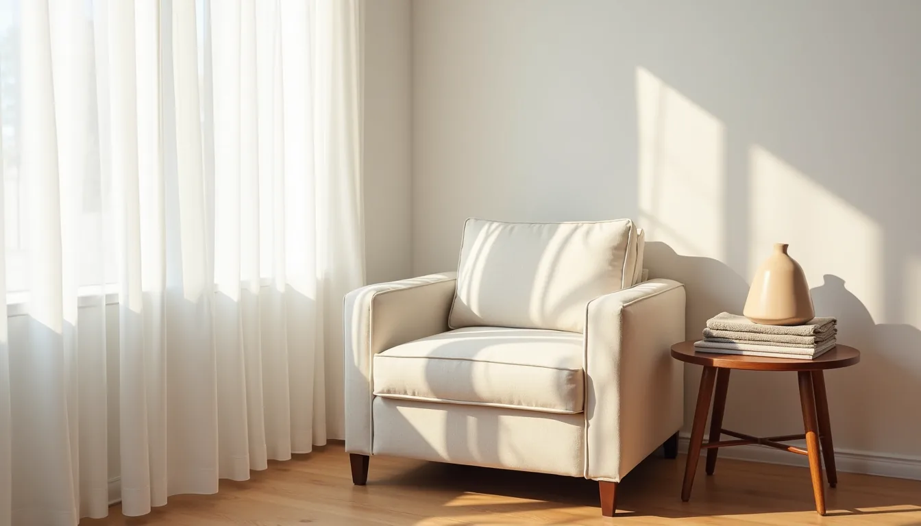 Cream linen chair at an angle with walnut table, ceramic vase, and throw on hardwood floor.