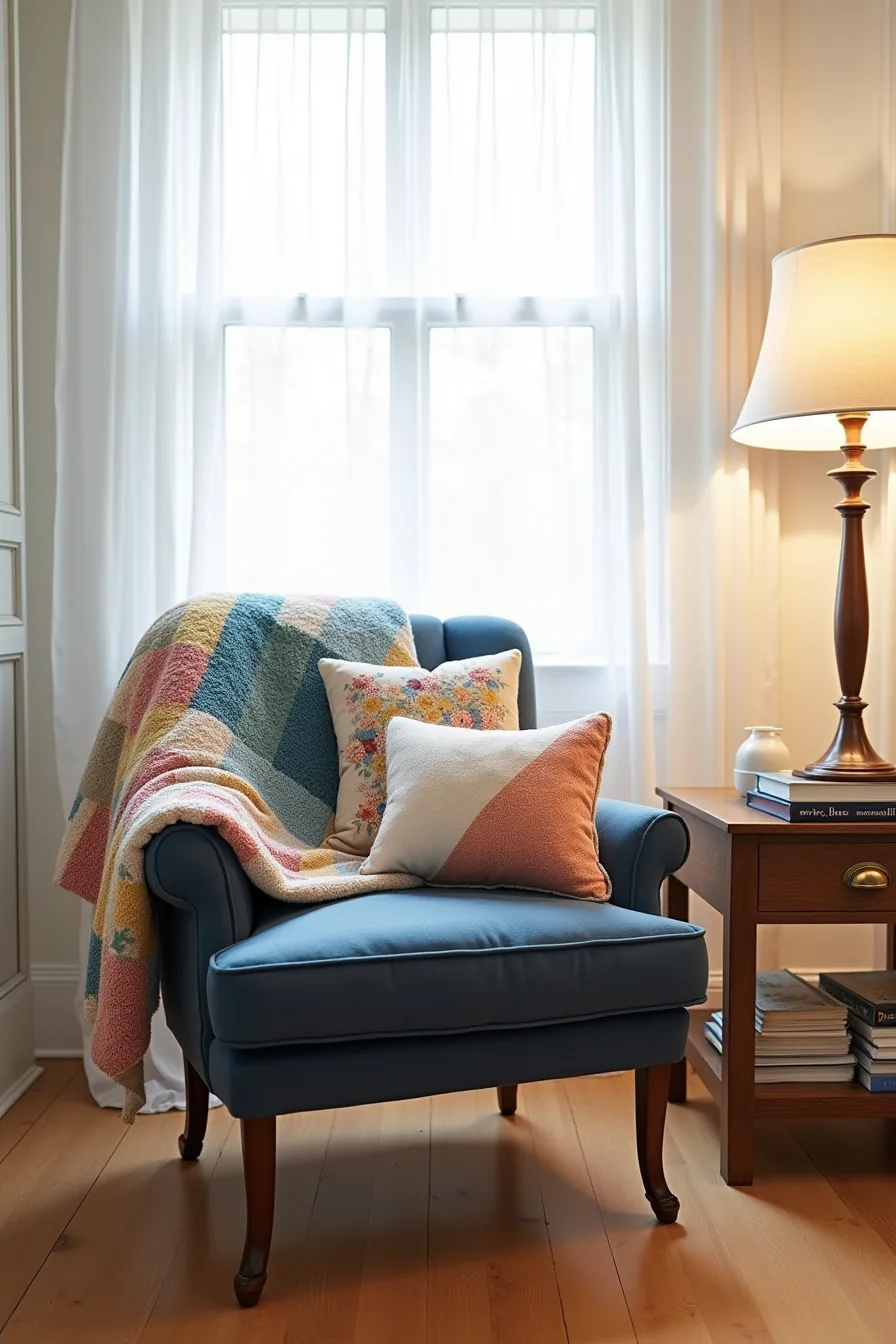 Faded navy thrifted chair with patchwork throw and mismatched pillows next to reclaimed wood table with stacked boxes.
