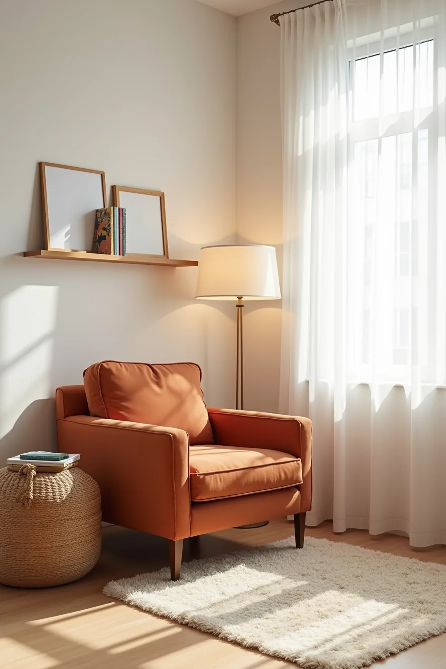 Rust accent chair in corner with woven basket, floor lamp, and floating shelf displaying framed prints.