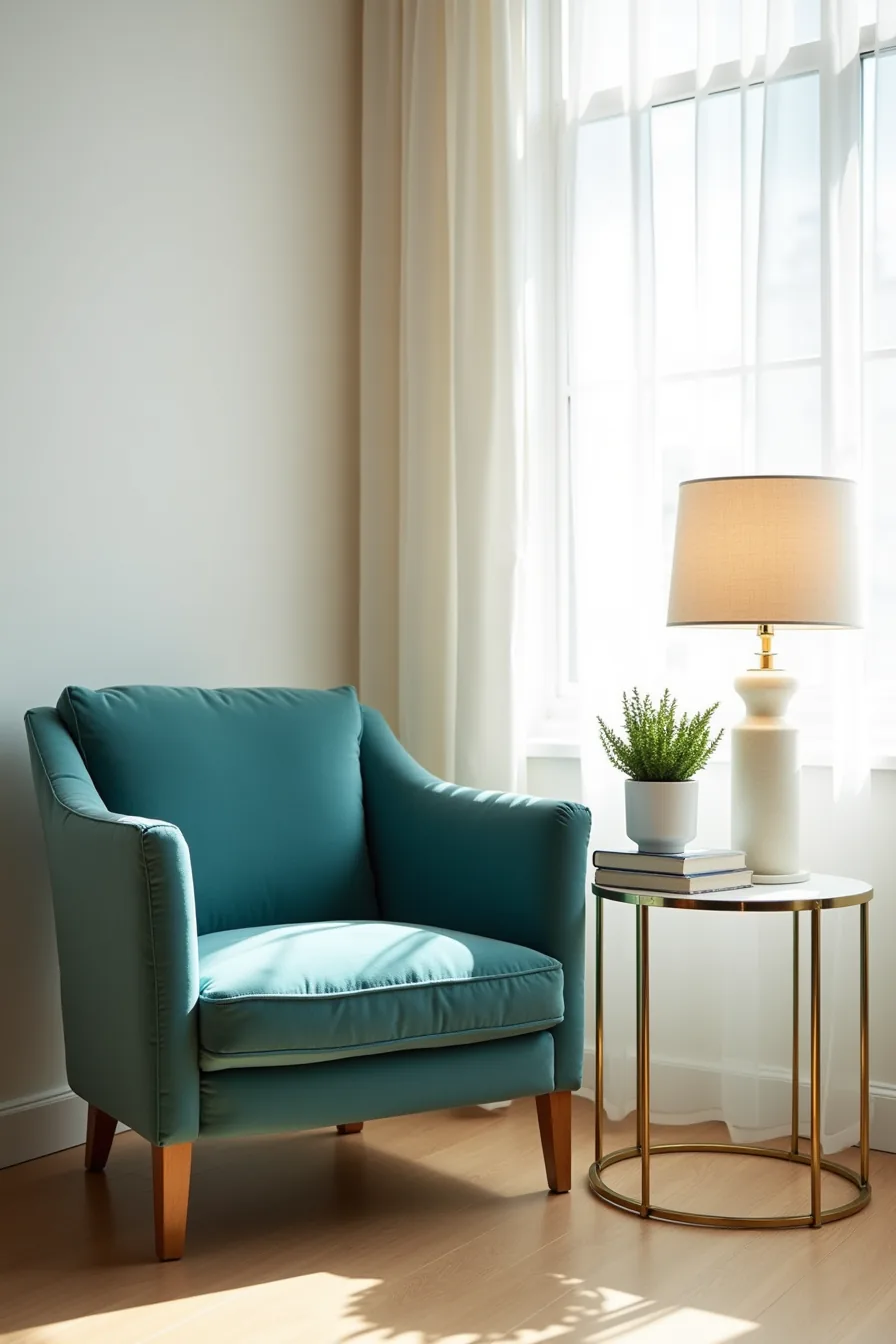 Teal velvet chair beside brass-framed glass table with desk lamp and succulent plant.
