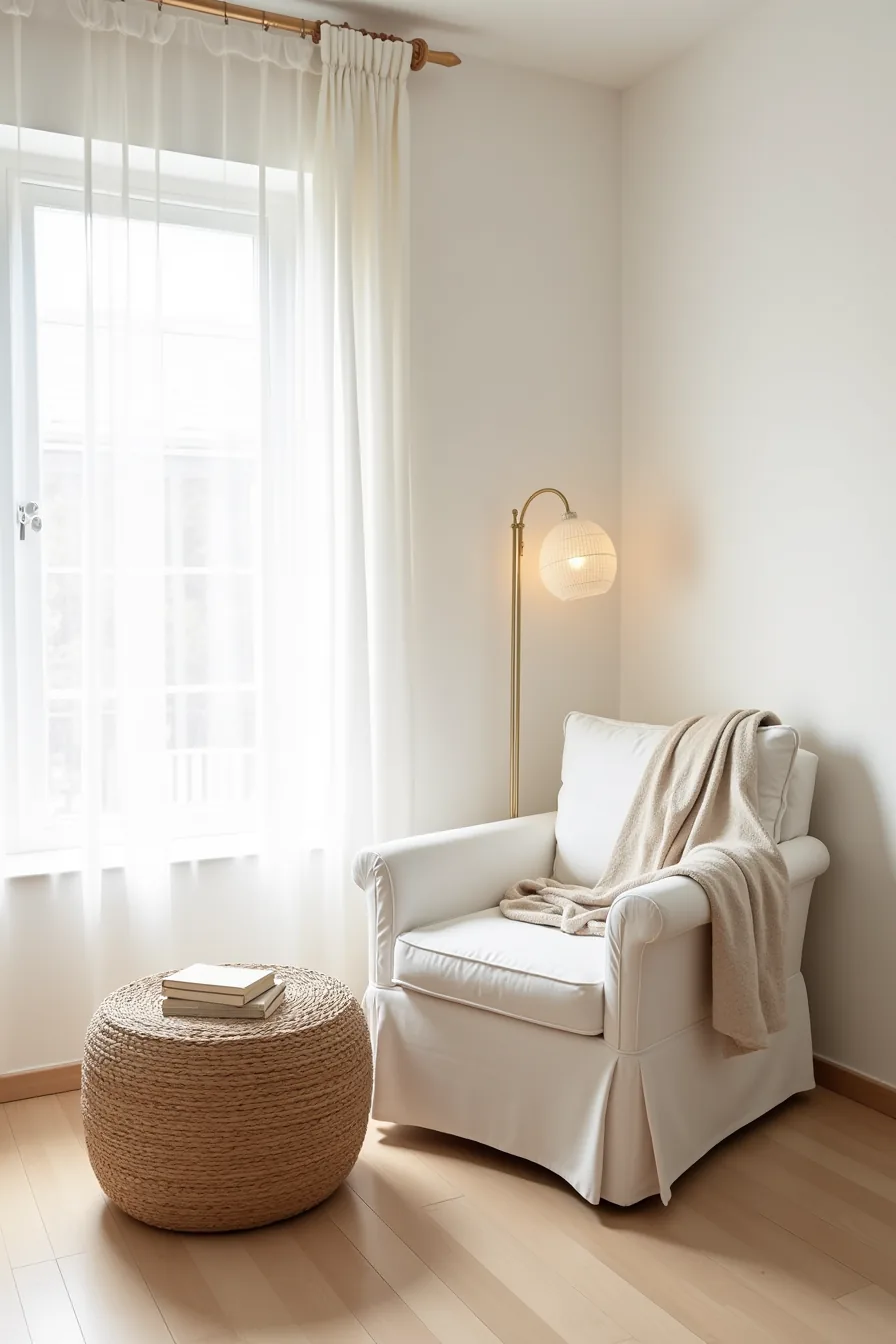 White accent chair with removable slipcover and draped linen throw, woven ottoman beside it.
