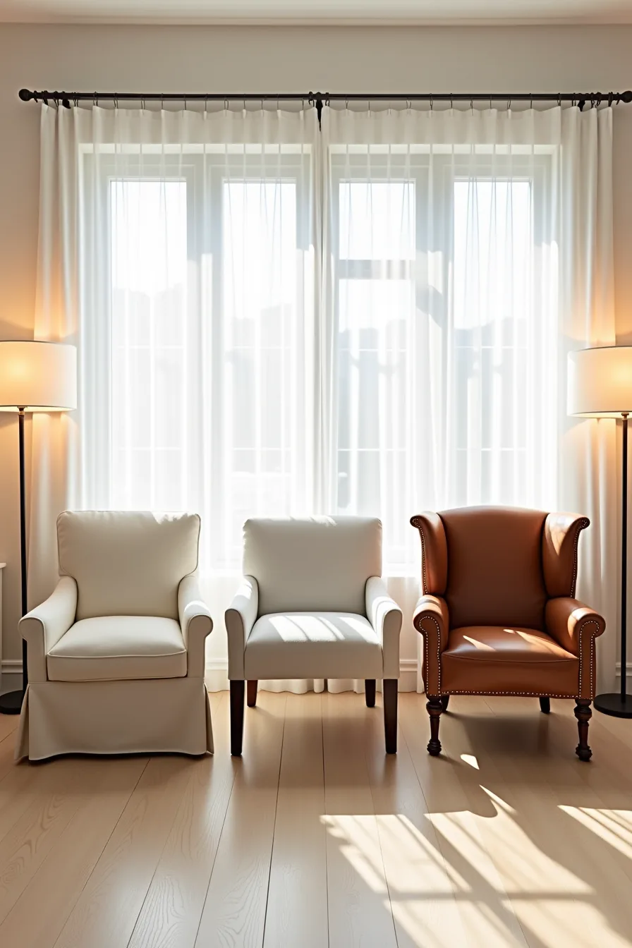Three accent chairs representing different price tiers: slipcover, upholstered with wooden legs, and leather wingback.