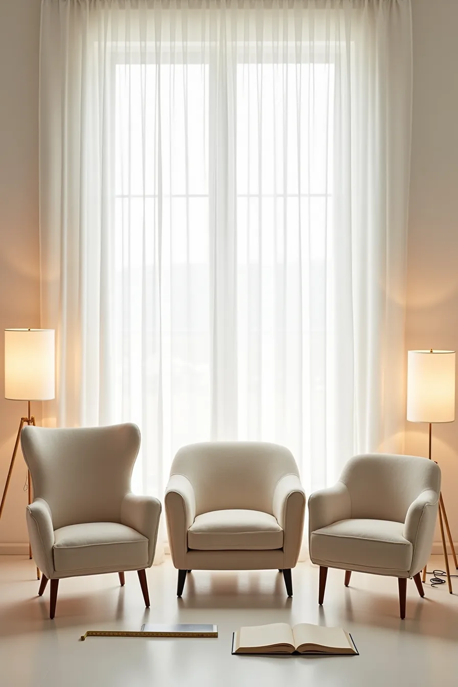 Three accent chairs in a row—wingback, barrel, and club—with measuring tape showing size comparison.
