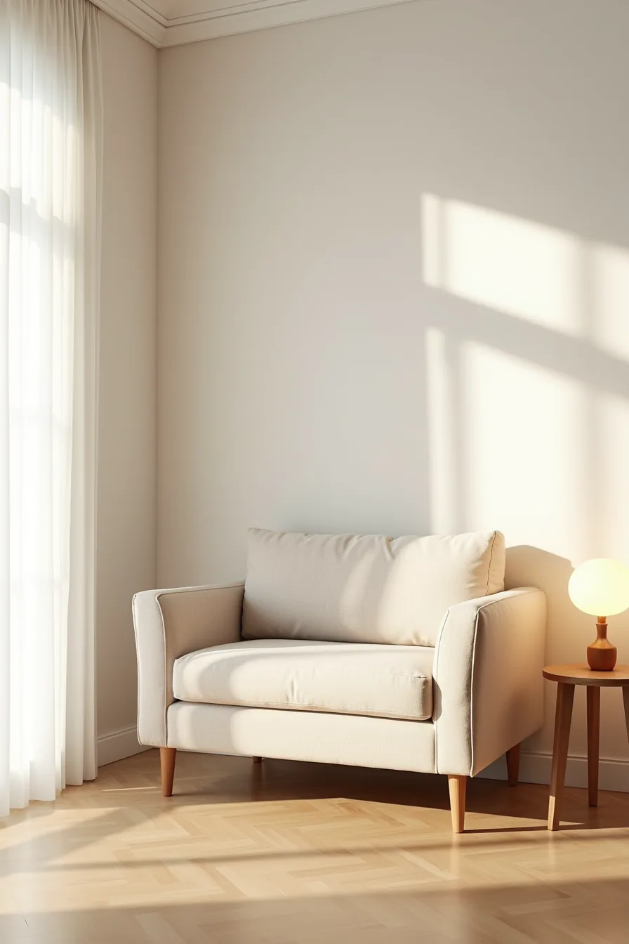 Living room corner with sofa, empty floor space, and side table showing where an accent chair could fit.