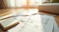 Floor plan sketch with furniture outlines, tape measure, and notebook showing chair placement zones and measurements.