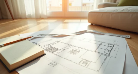 Floor plan sketch with furniture outlines, tape measure, and notebook showing chair placement zones and measurements.