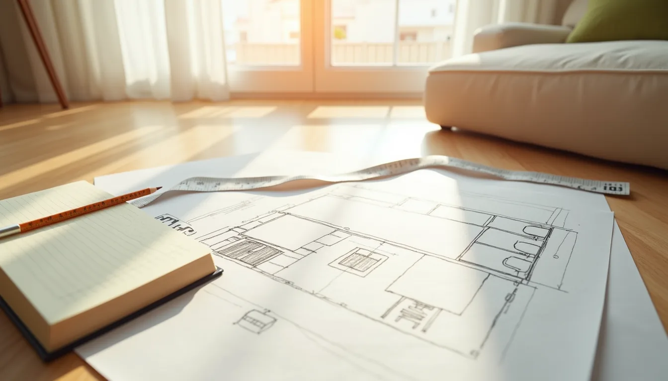 Floor plan sketch with furniture outlines, tape measure, and notebook showing chair placement zones and measurements.