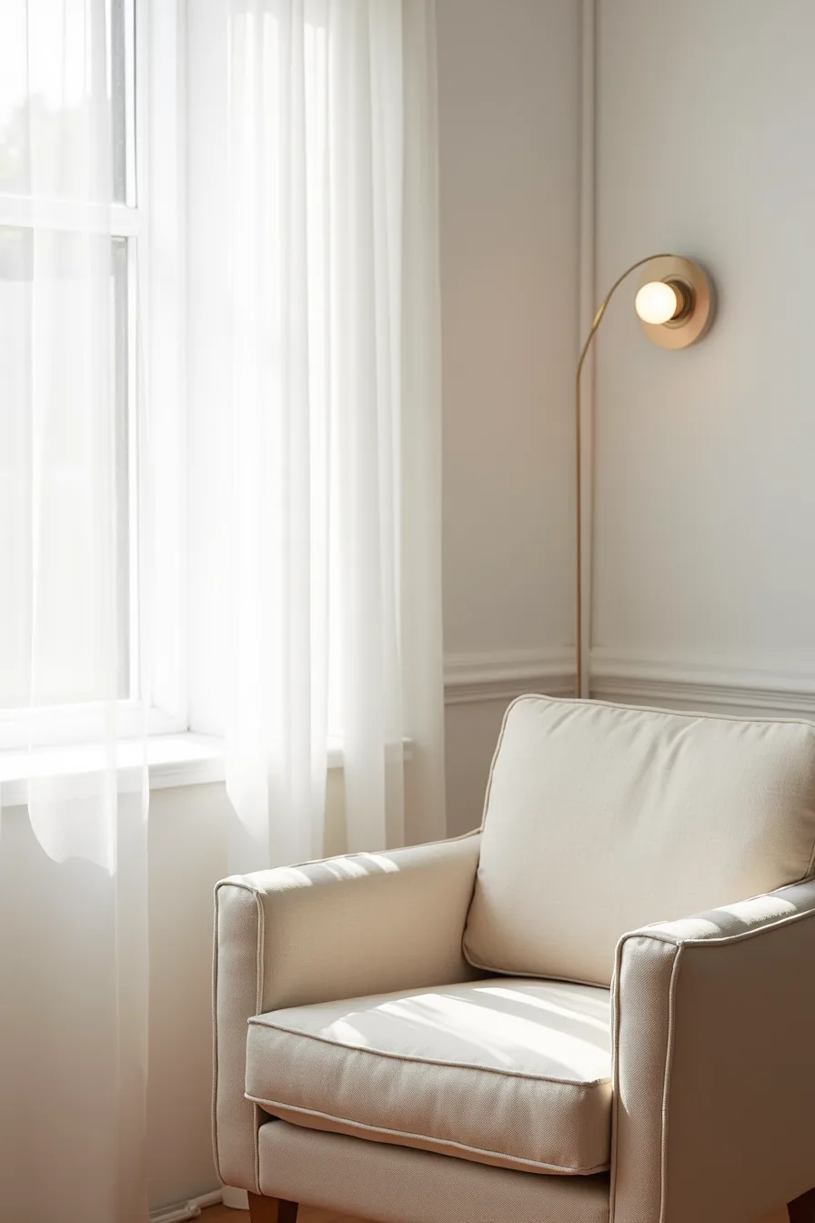 Close-up of a neutral linen accent chair arm and seat displaying woven texture against a white wall.