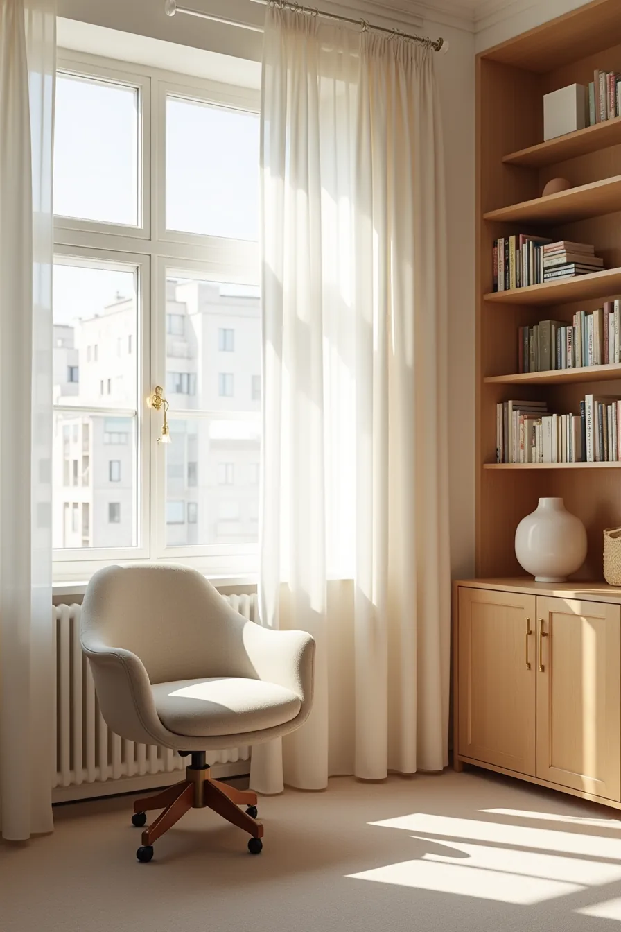 Swivel chair angled in a corner nook between bookshelf and window with clear views to the main seating area.