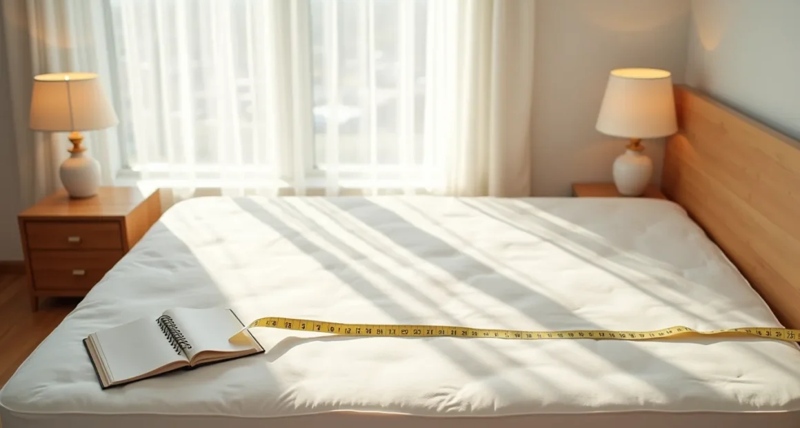Overhead view shows a queen mattress on a frame with a tape measure diagonally across it, a notebook with dimensions, and a