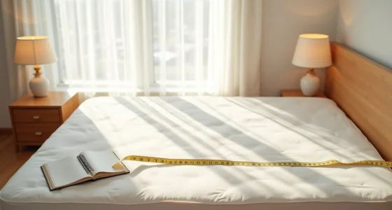 Overhead view shows a queen mattress on a frame with a tape measure diagonally across it, a notebook with dimensions, and a