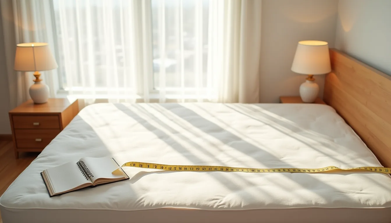 Overhead view shows a queen mattress on a frame with a tape measure diagonally across it, a notebook with dimensions, and a