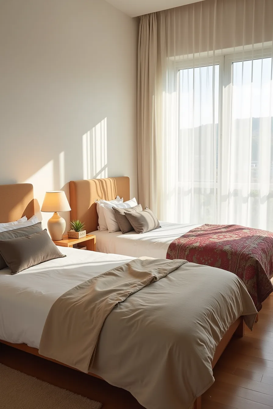 Two identical beds sit side by side, one styled in neutral cream and grey tones, the other in rich jewel-tone colors with