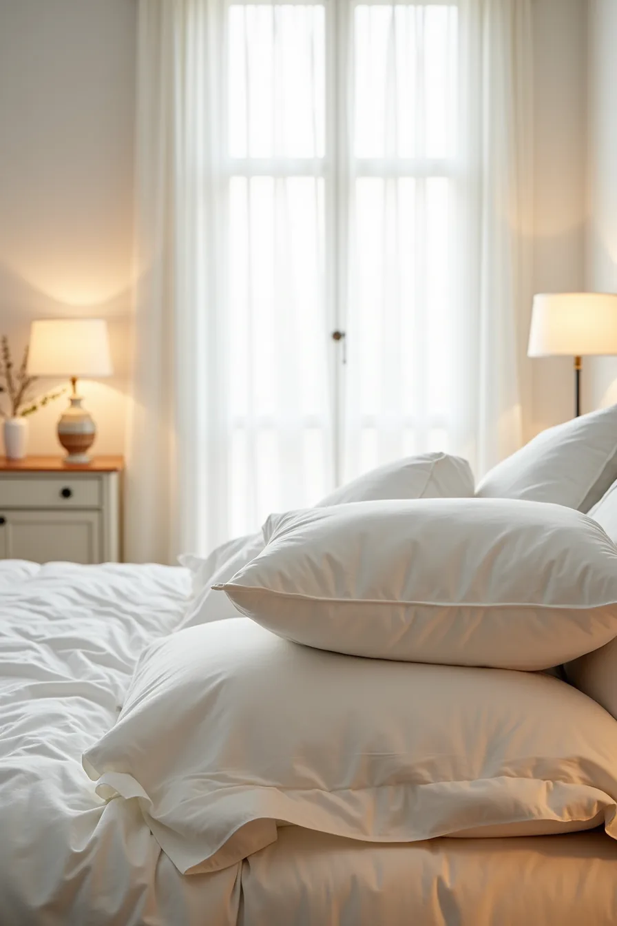 Flat lay shows an overstuffed pillow next to a properly filled one, with fabric swatches nearby highlighting differences in