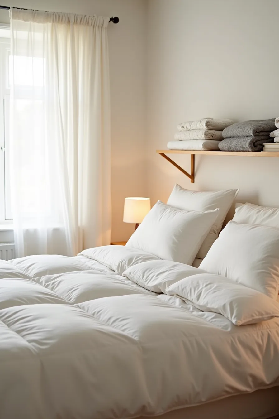 A bed topped with a lightweight summer duvet, with a quilted comforter and flannel sheets folded on a nearby shelf for