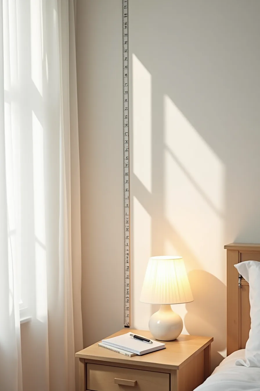 A measuring tape runs along the wall beside a bed, with a ruler and notepad on the nightstand showing the clearance space.