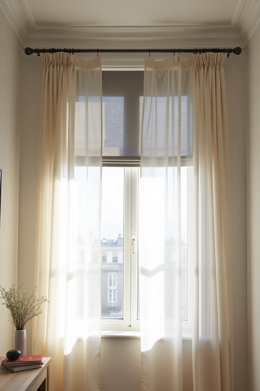 Charcoal gray blackout curtain panels drawn closed on metal rod with sheer linen curtains behind and window frame visible.