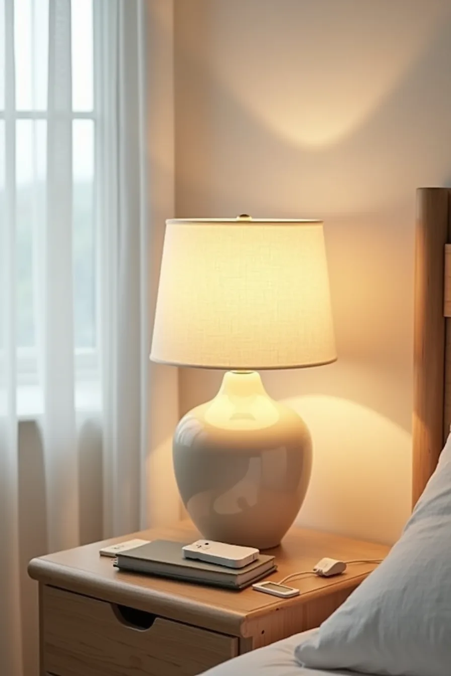 Ceramic lamp with linen shade, clipped reading light, and dimmer remote on bedside table with warm glow on wall.