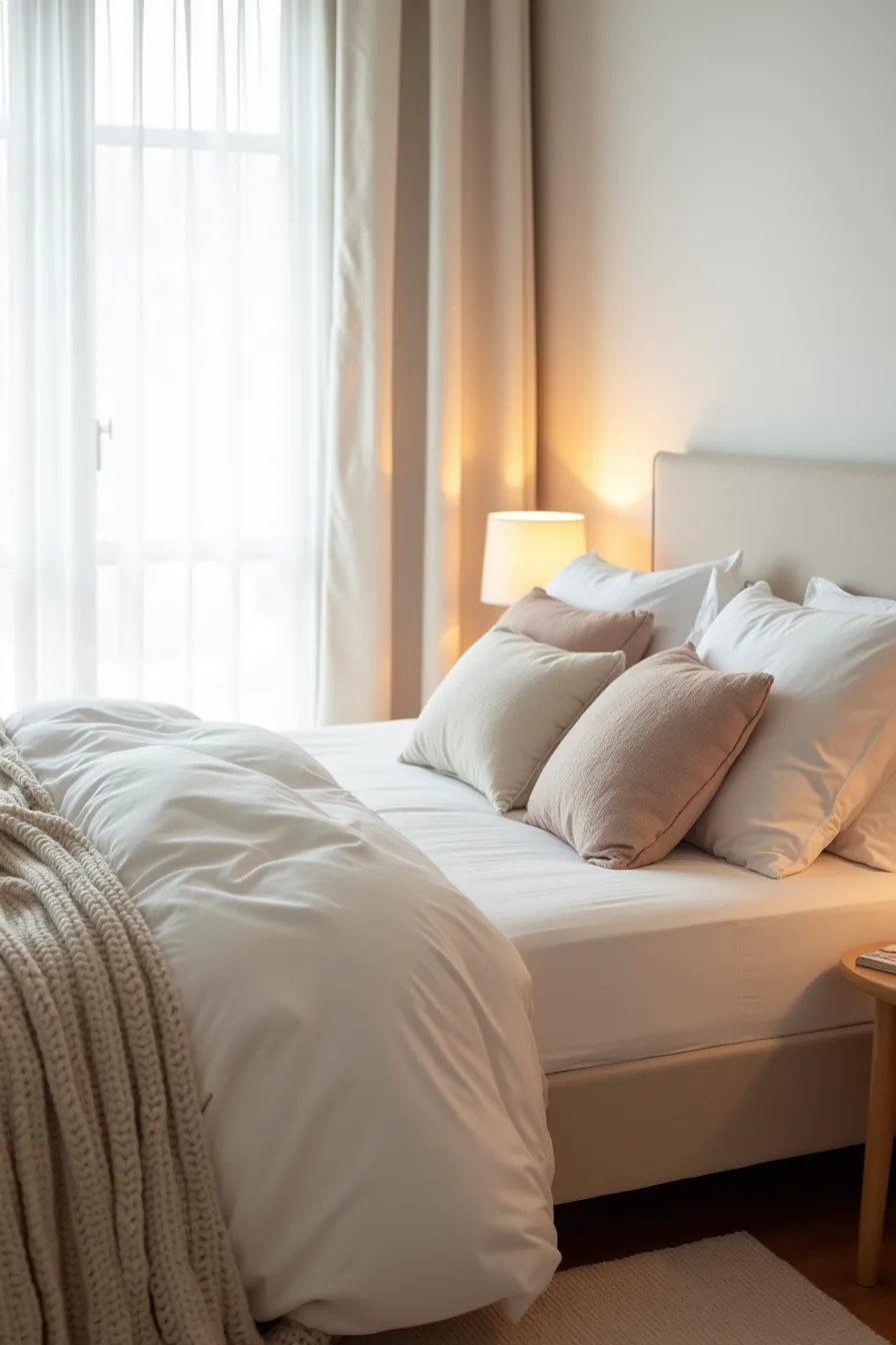Layered bed with fitted sheet, duvet cover, textured throw pillows, and chunky knit throw over footboard with area rug