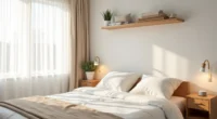 Neatly made bed with layered throw pillows, wooden nightstand with lamp, and floating shelf displaying folded textiles and