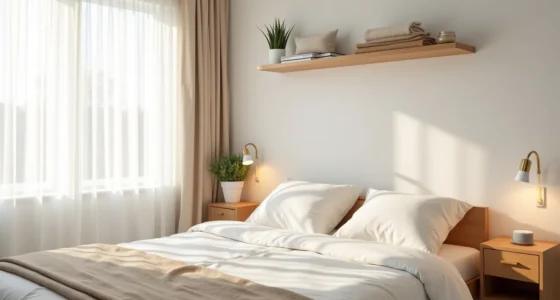 Neatly made bed with layered throw pillows, wooden nightstand with lamp, and floating shelf displaying folded textiles and