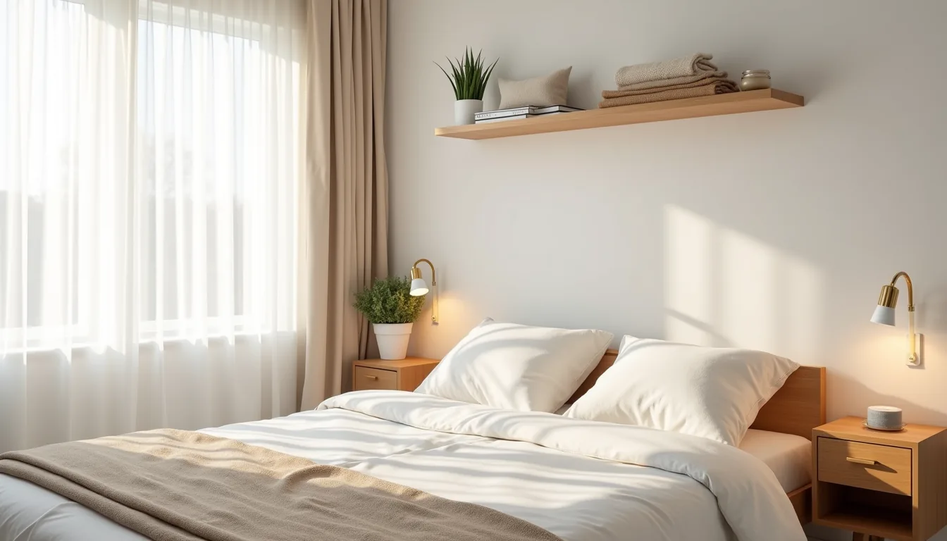 Neatly made bed with layered throw pillows, wooden nightstand with lamp, and floating shelf displaying folded textiles and