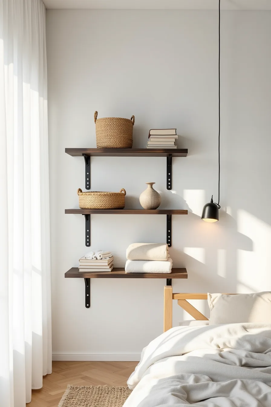 Three black floating shelves at different heights hold woven baskets, storage boxes, and rolled textiles against a white