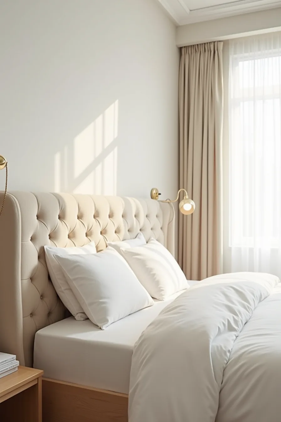 Tufted upholstered headboard spanning full bed width with visible wall anchors and bed frame base below.