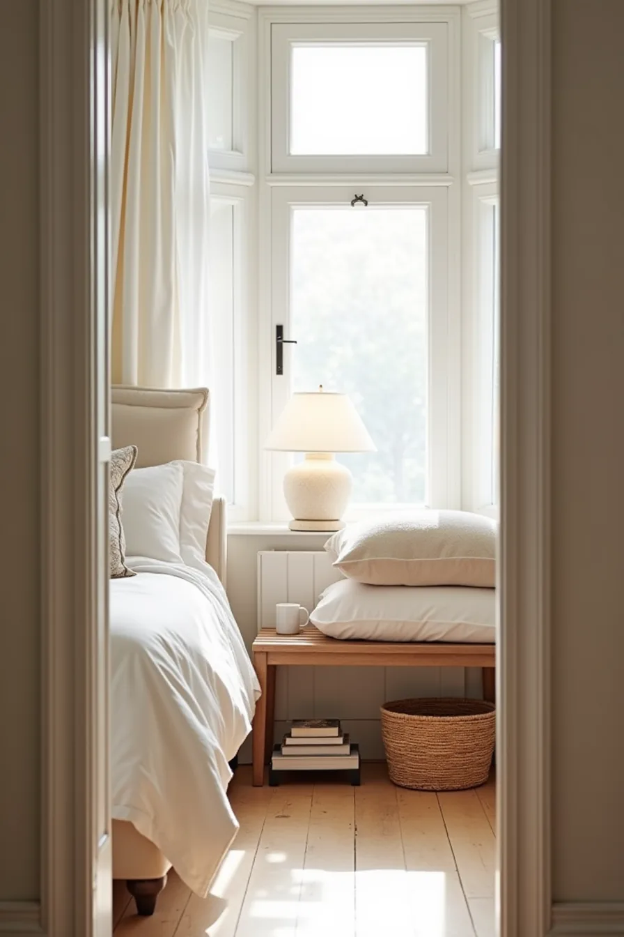 Wooden bench with stacked throw pillows, adjacent side table with lamp and mug, and woven basket underneath in bedroom