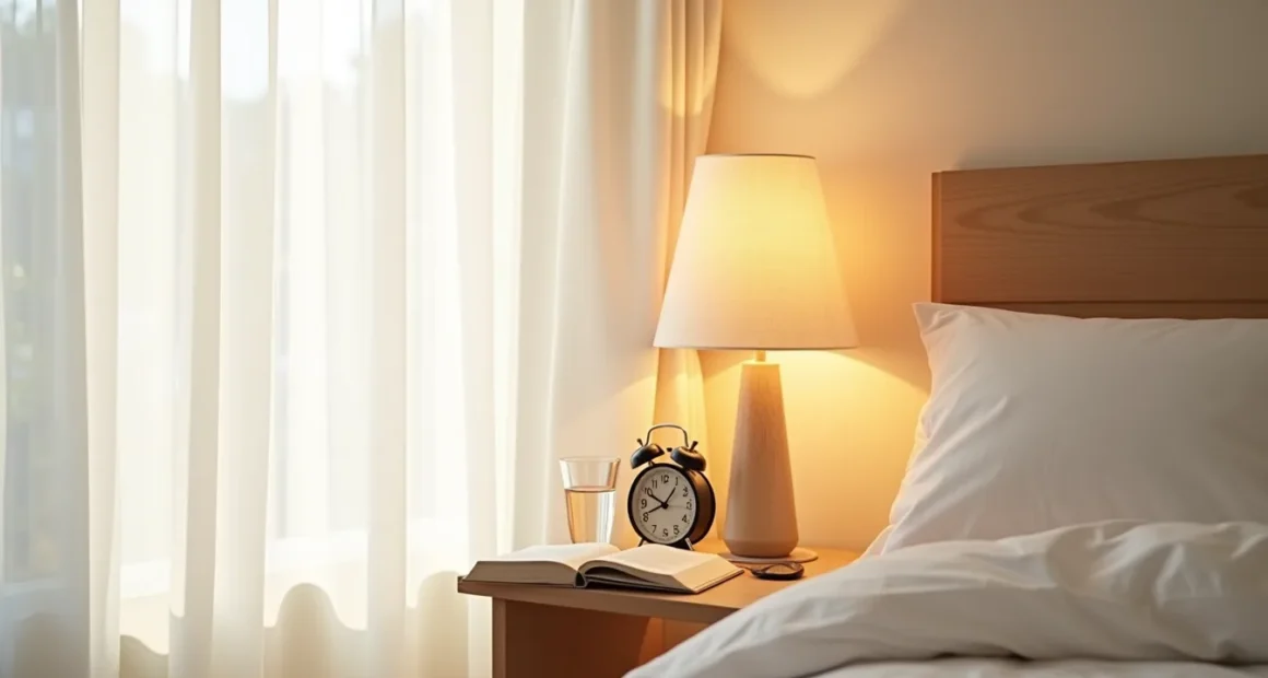 Warm lamp glows on a nightstand with an alarm clock, water glass, and open book.