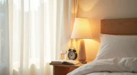 Warm lamp glows on a nightstand with an alarm clock, water glass, and open book.