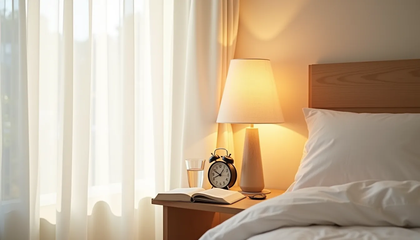 Warm lamp glows on a nightstand with an alarm clock, water glass, and open book.