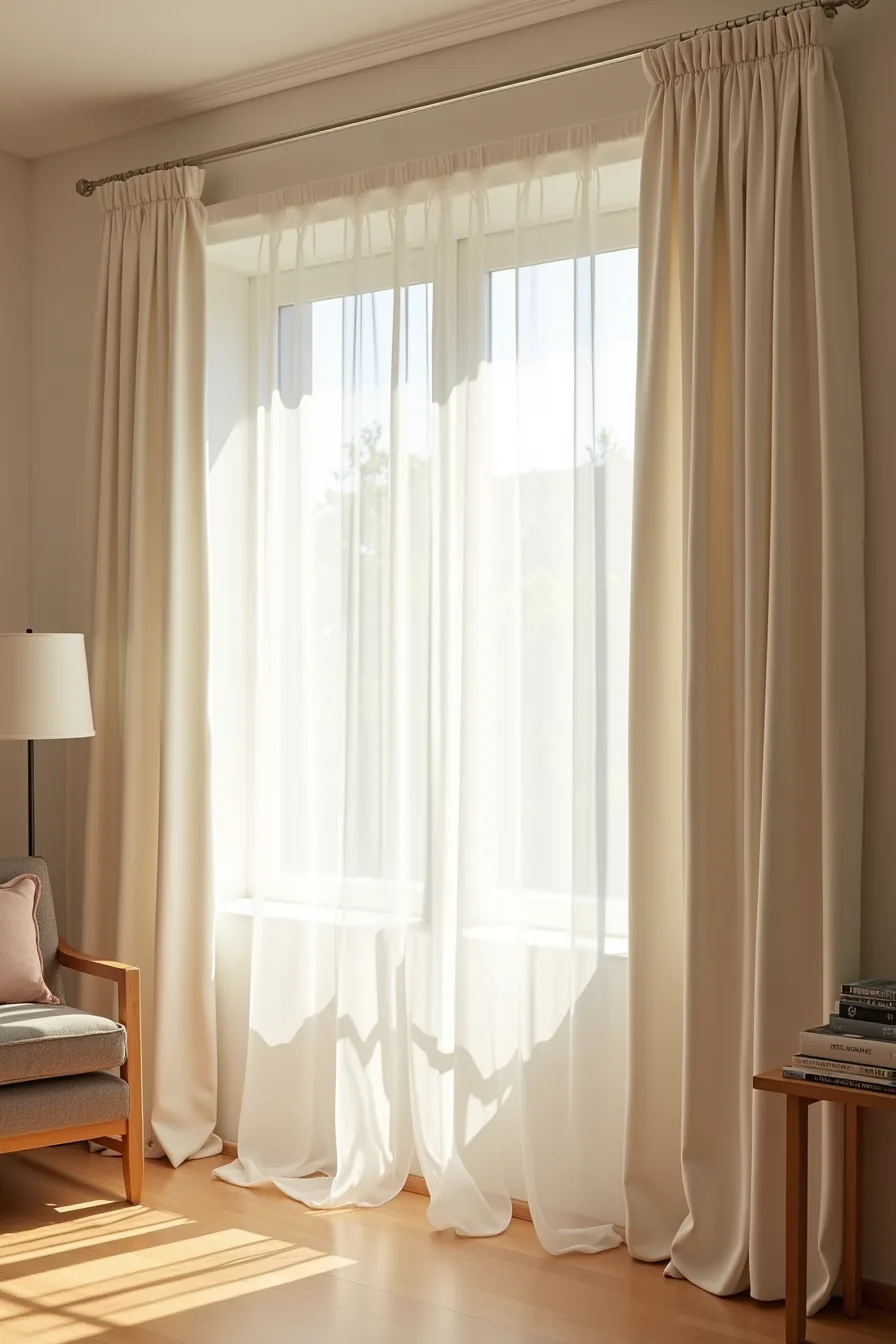 Blackout curtains hang fully closed at a window with sunlight peeking around the edges.