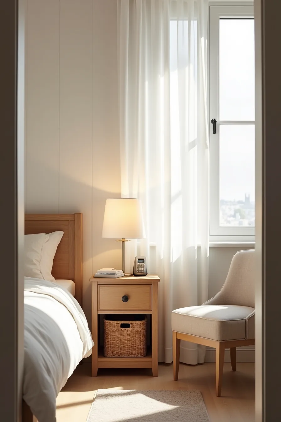 A compact nightstand, wooden bench with storage baskets, and accent chair arranged in a bedroom corner.