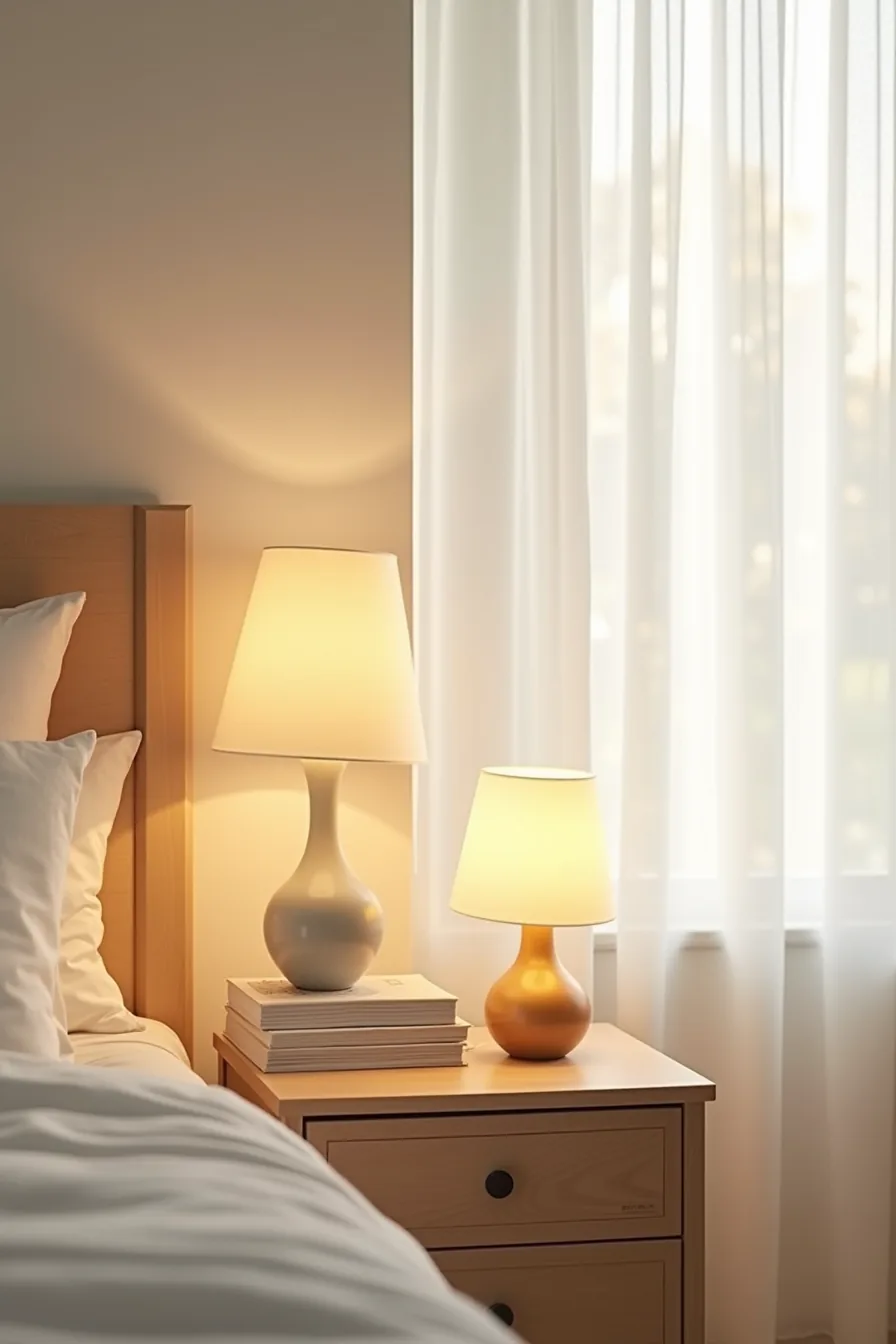 Two lamps with different color temperatures sit on a nightstand with a visible dimmer switch.
