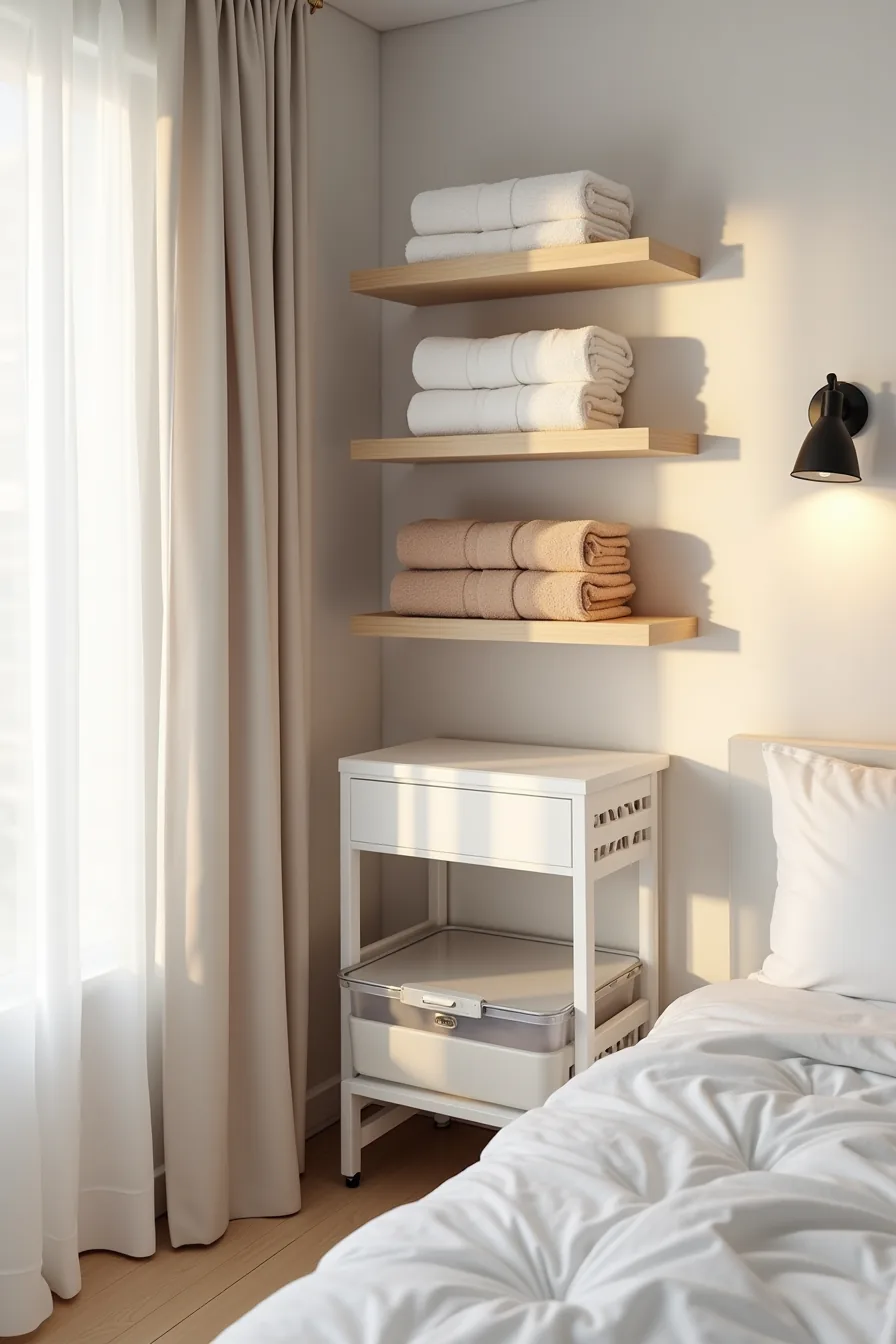 Floating shelves hold folded textiles and boxes above a rolling under-bed storage container and acrylic organizer.