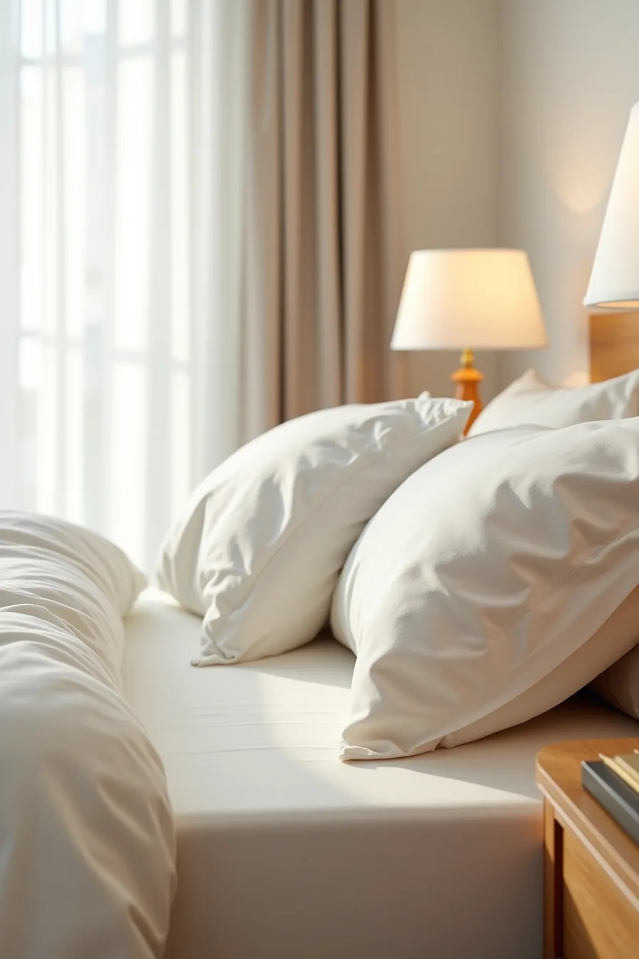 Layered neutral bedding shows fitted and flat sheets with two pillows of different densities.