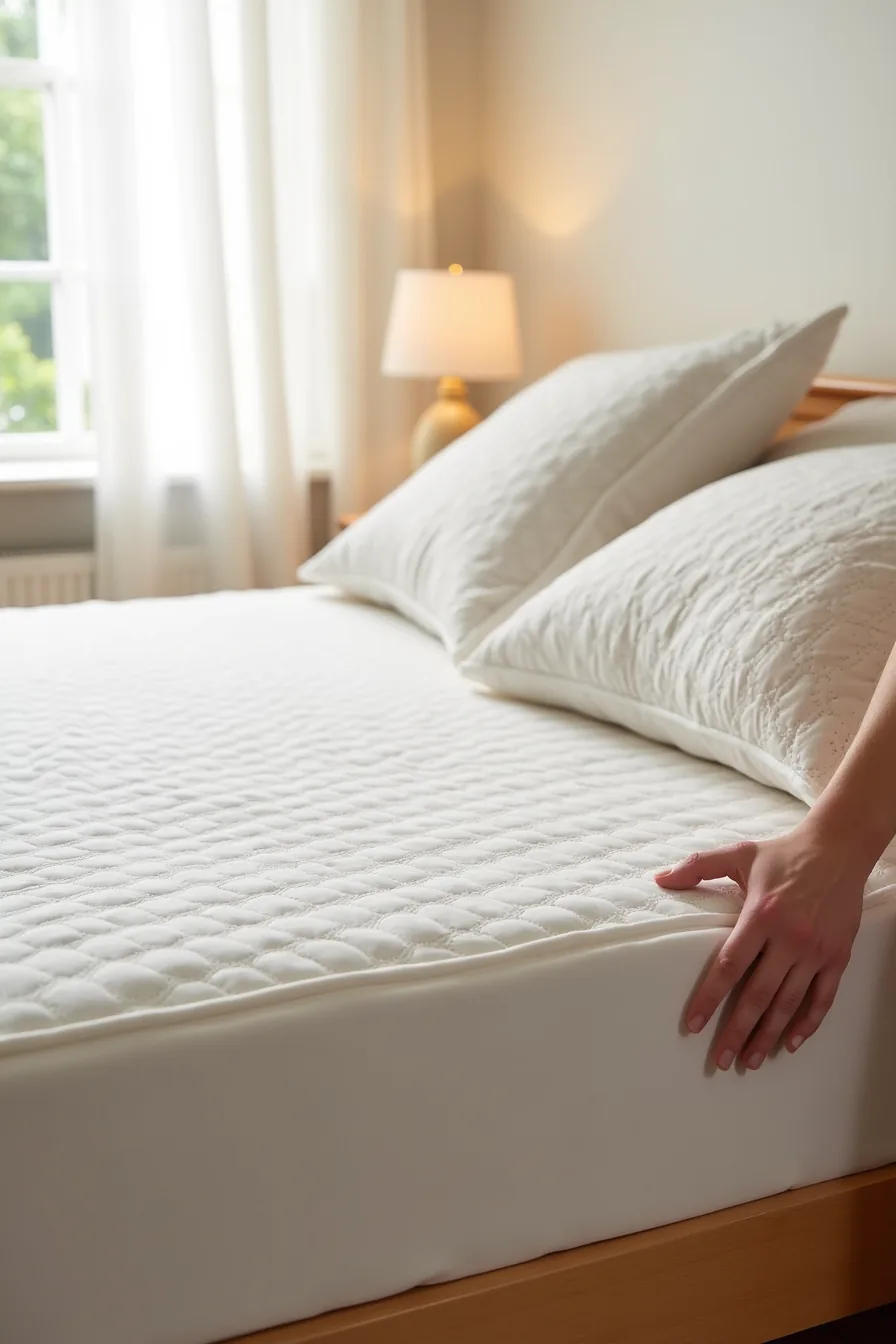 A hand presses on a quilted mattress topper layered over a fitted sheet with a decorative pillow.
