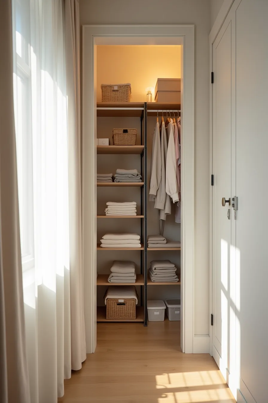 Metal shelving unit extends from floor to ceiling holding rolled clothing, plastic containers, and small boxes on each shelf.