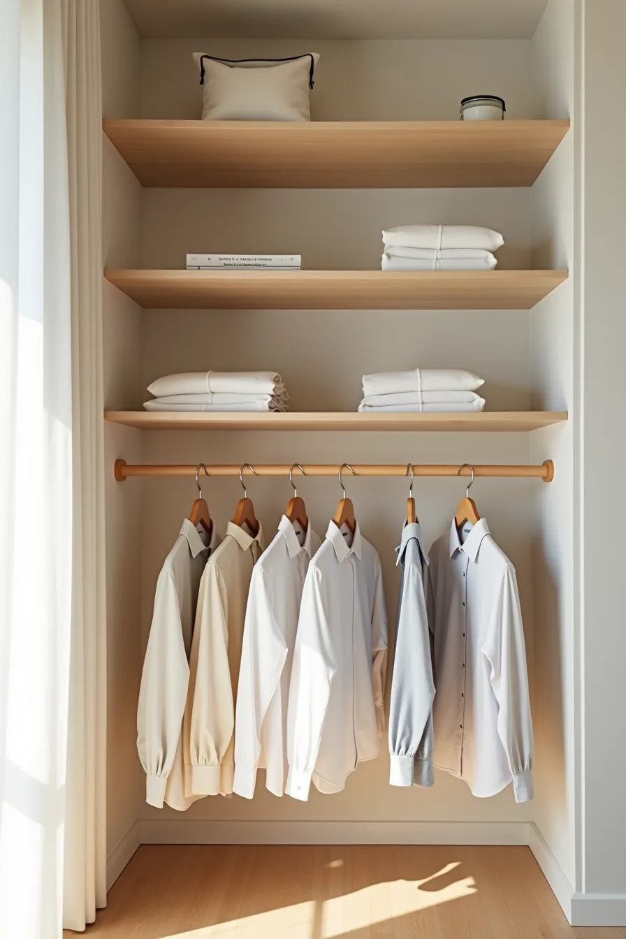 Tiered shelves descend across the closet with cascading hangers below displaying shirts at staggered heights with chrome
