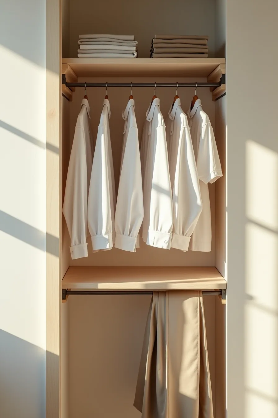Upper and lower hanging rods display six shirts above eight folded pants draped on a wooden dowel across the closet width.