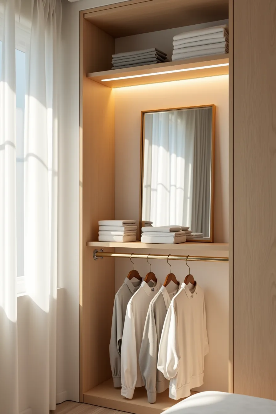 A metal-framed mirror on the back wall reflects the closet interior, with an LED strip light above illuminating hanging