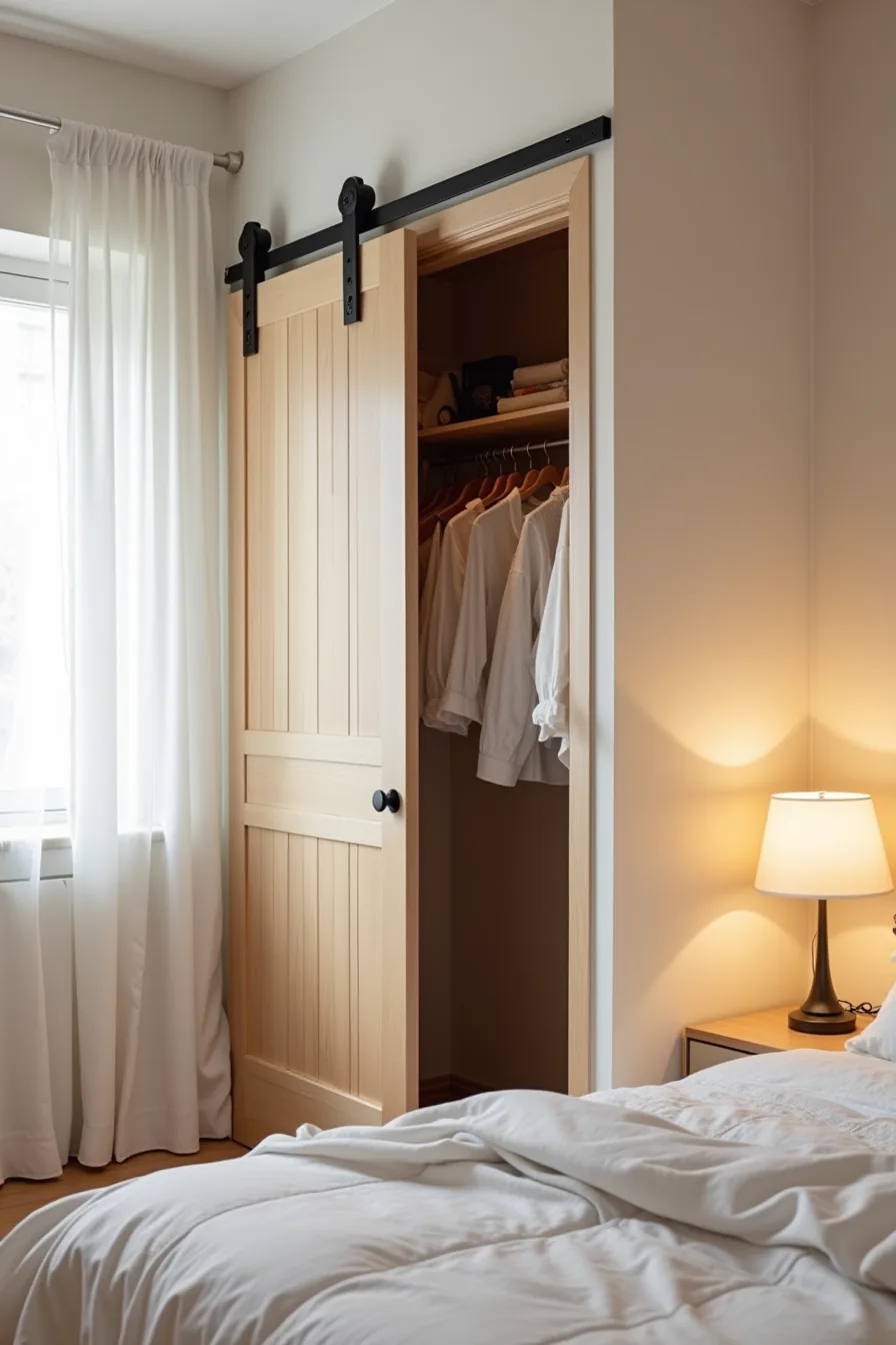 Black metal-framed sliding barn door opens to reveal a closet with hanging clothes and visible track hardware above.