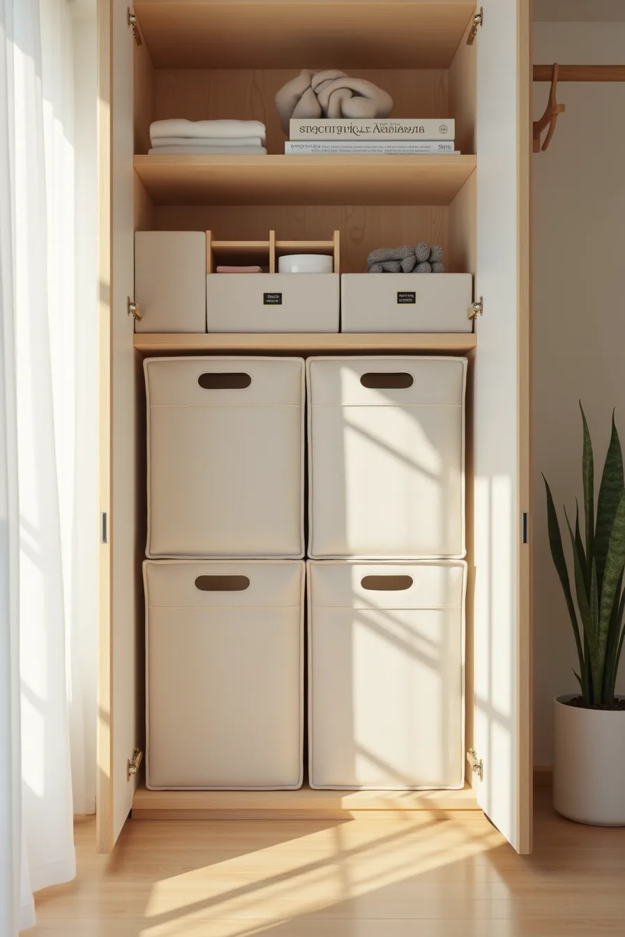 Four stacked fabric storage bins in neutral colors sit below a shelf with compartmentalized drawer dividers for socks and
