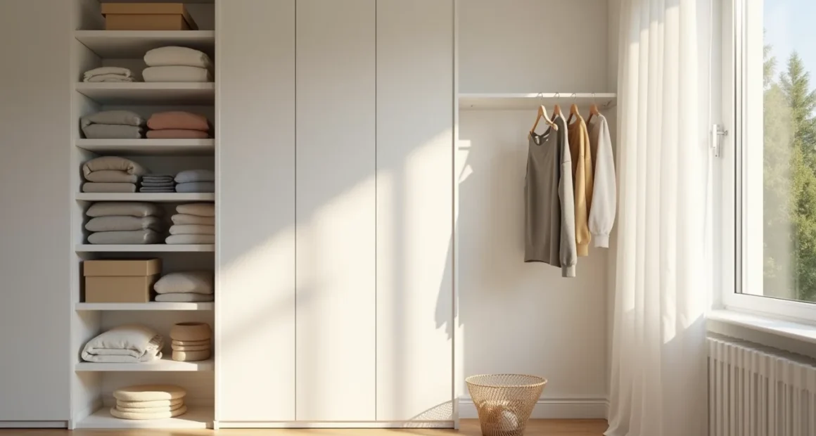 White wall shelves hold folded sweaters and boxes beside a hanging rod with wooden hangers and a wire basket below.