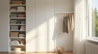 White wall shelves hold folded sweaters and boxes beside a hanging rod with wooden hangers and a wire basket below.