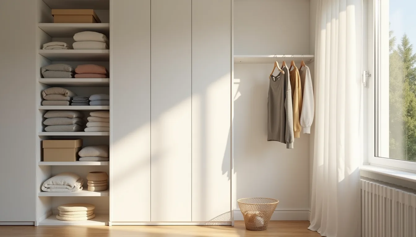 White wall shelves hold folded sweaters and boxes beside a hanging rod with wooden hangers and a wire basket below.