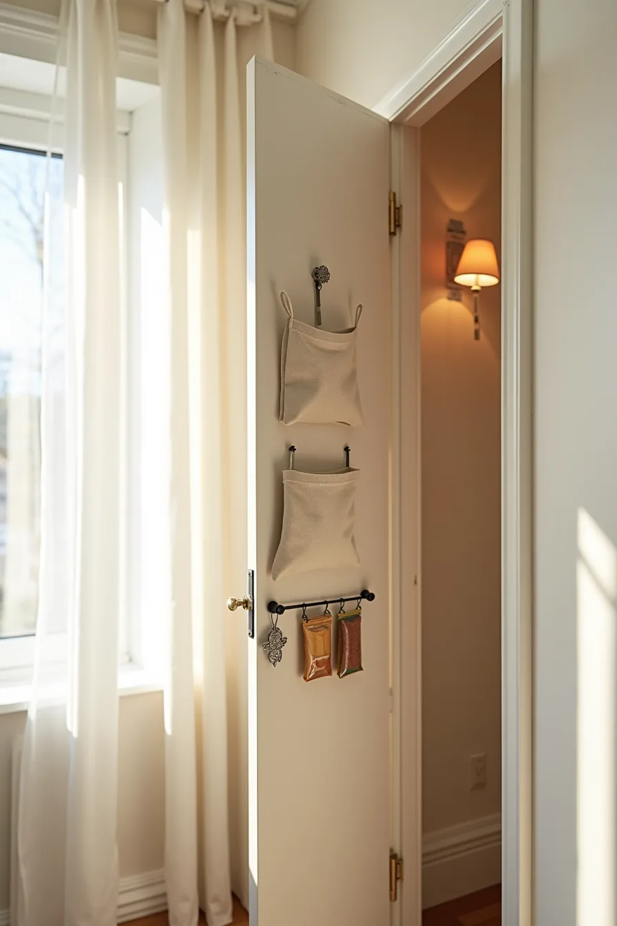 Closet door with three adhesive hooks holding canvas pouches and a tension rod with hanging spice packets.