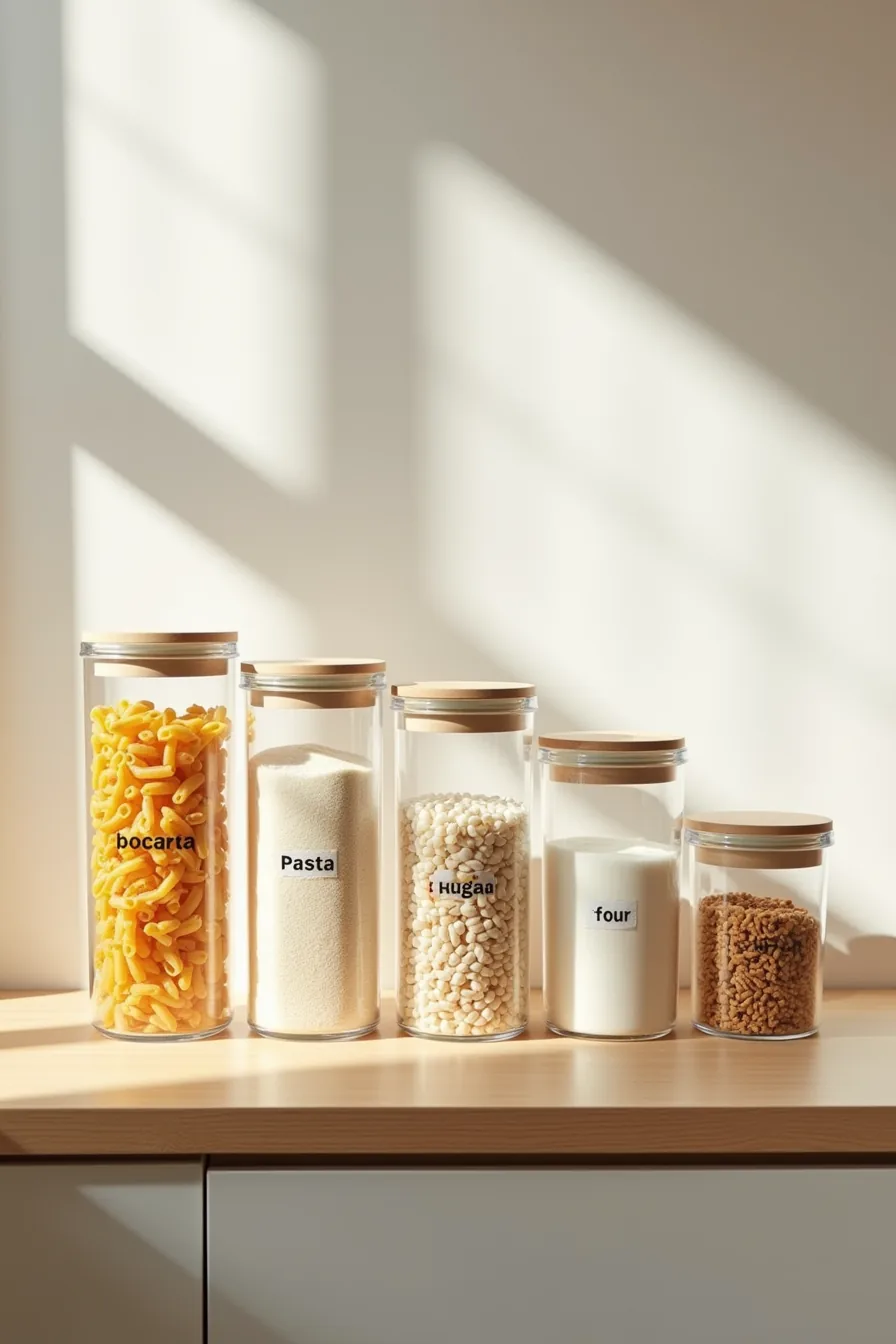 Six clear containers with masking tape labels holding pasta, rice, flour, sugar, and cereal in two rows.